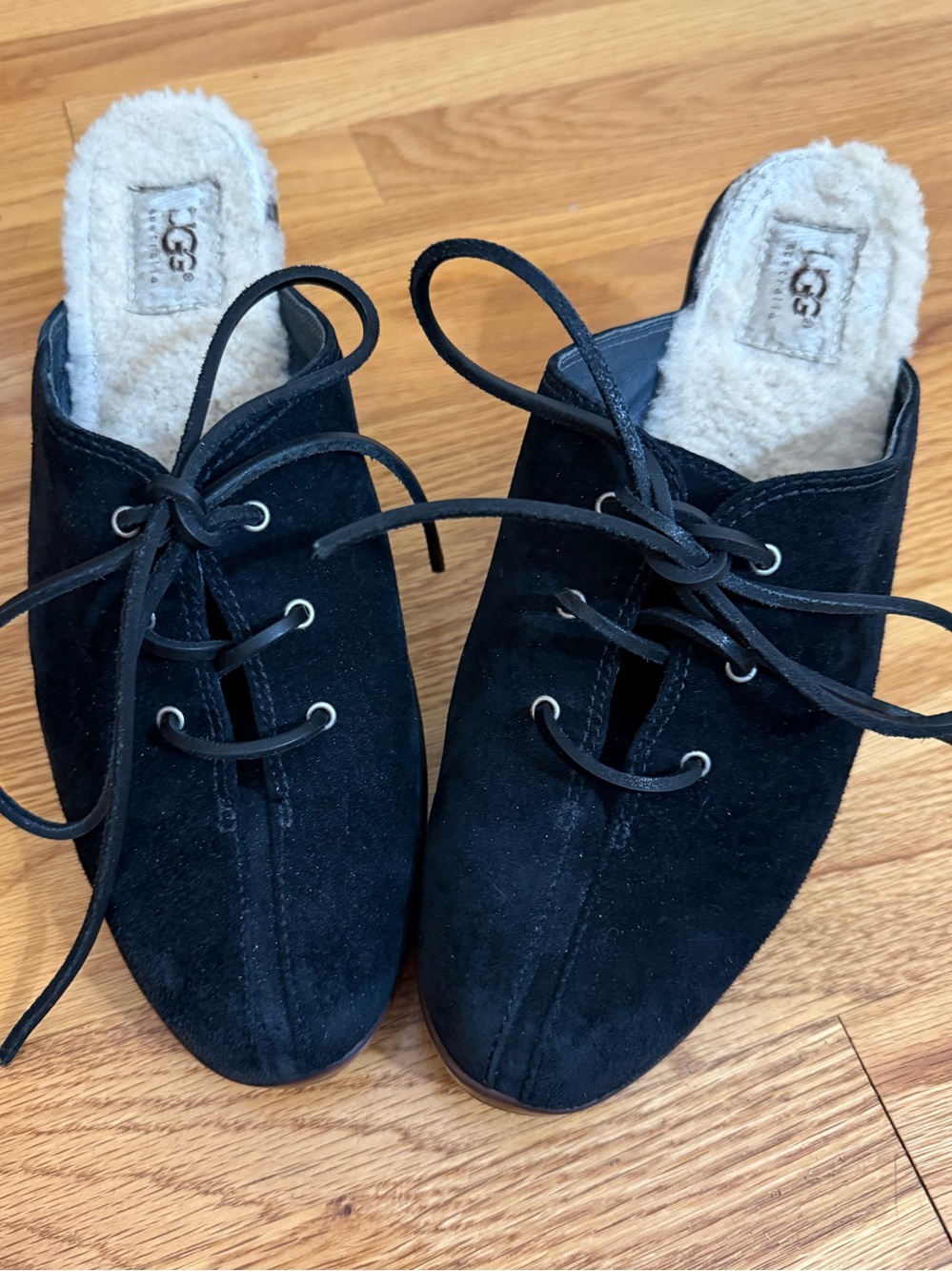 UGG Australia Shearling Lined Molly Black Suede Lace Up Heeled Mules Sz 10 EU 41